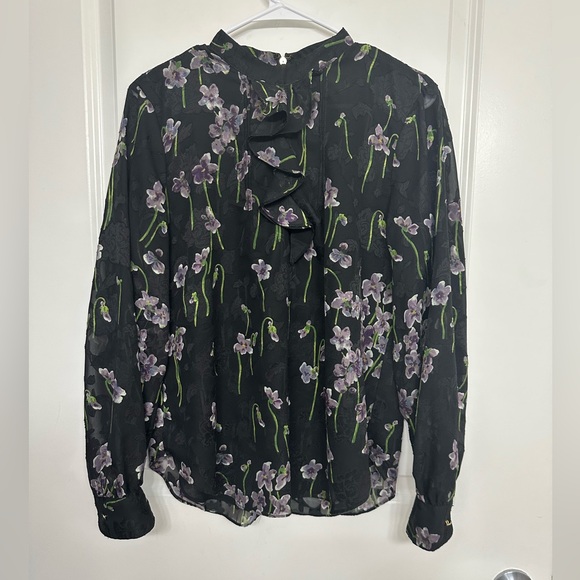 Lauren Ralph Lauren Floral Ruffle Blouse Black Purple Sheer Top Size 10 - Picture 1 of 5